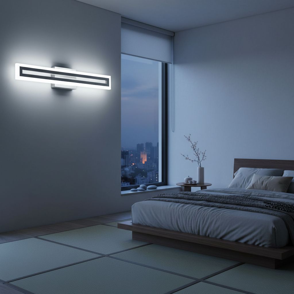 Brushed nickel LED vanity light fixture mounted above bathroom mirror, modern minimalist design with cool-tone lighting — view 5b