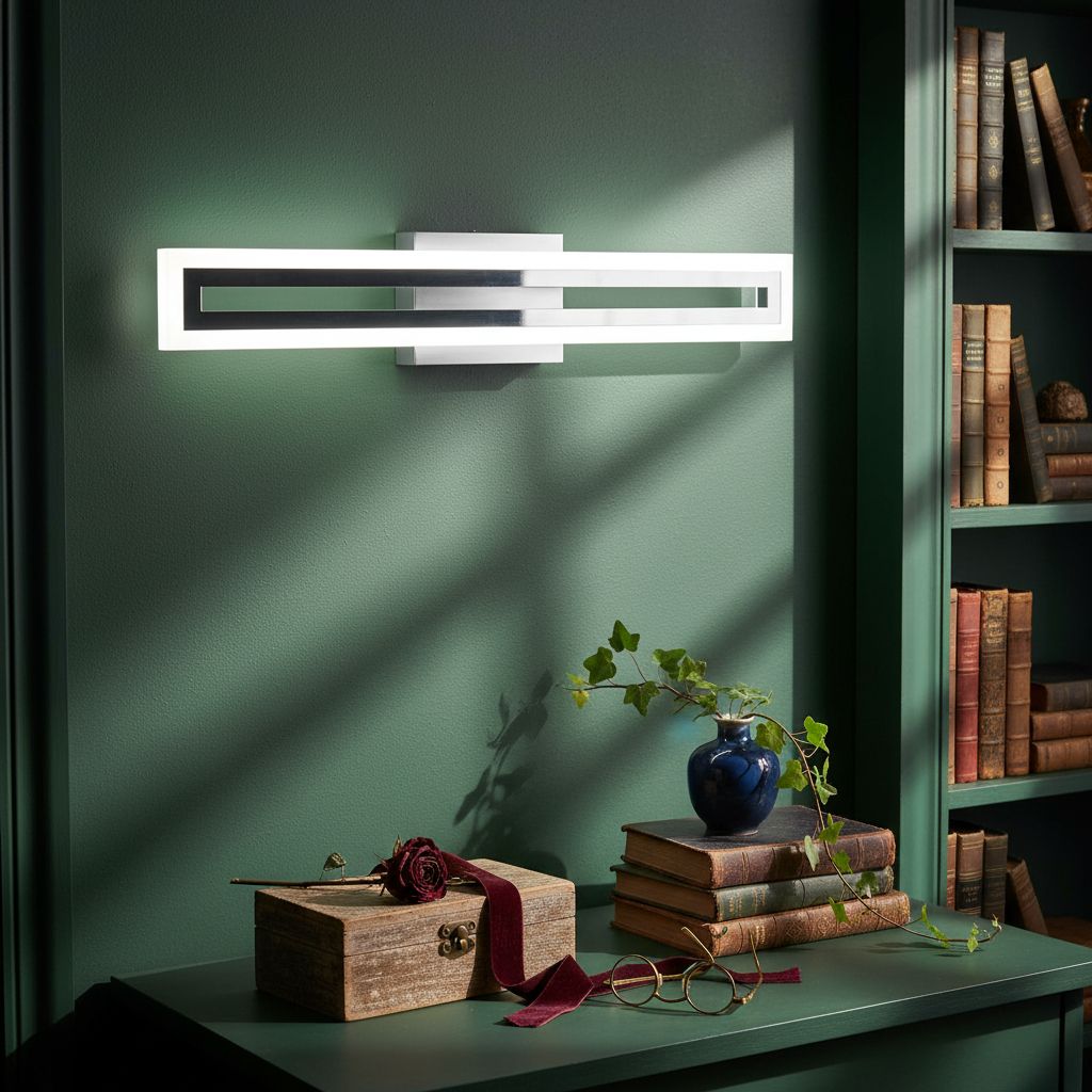 Brushed nickel LED vanity light fixture mounted above bathroom mirror, modern minimalist design with cool-tone lighting — view 3a