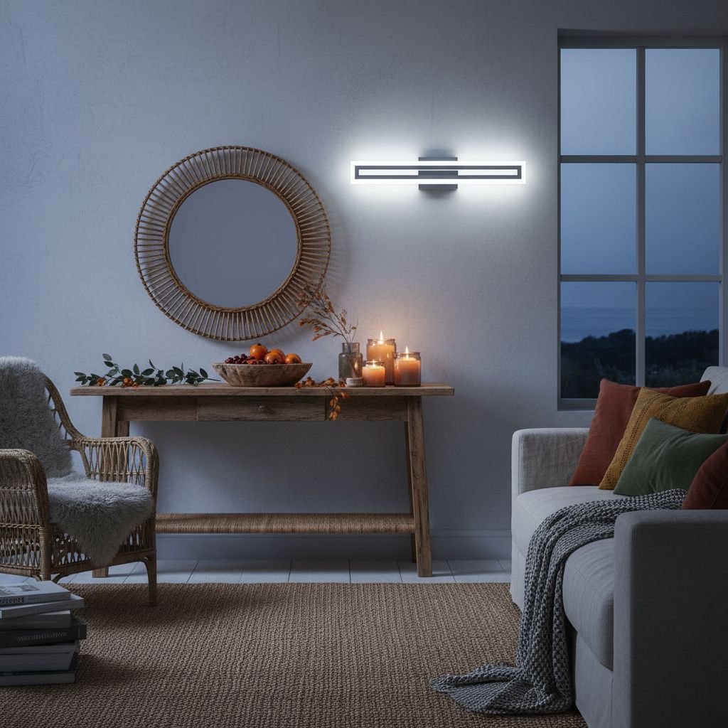 Brushed nickel LED vanity light fixture mounted above bathroom mirror, modern minimalist design with cool-tone lighting — view 4