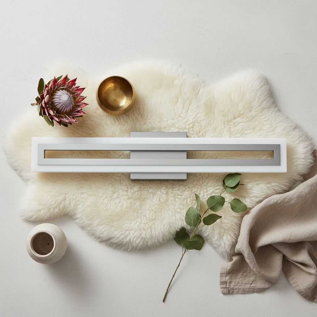 Brushed nickel LED vanity light fixture mounted above bathroom mirror, modern minimalist design with cool-tone lighting — hero view 2
