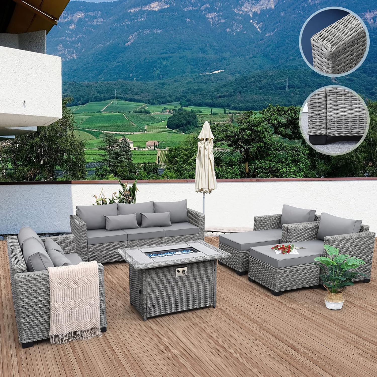 [Product name] in light grey rattan with metal frame, showing [specific view: full set/detail/angle], [cushion color] cushions, [material detail if applicable] — back