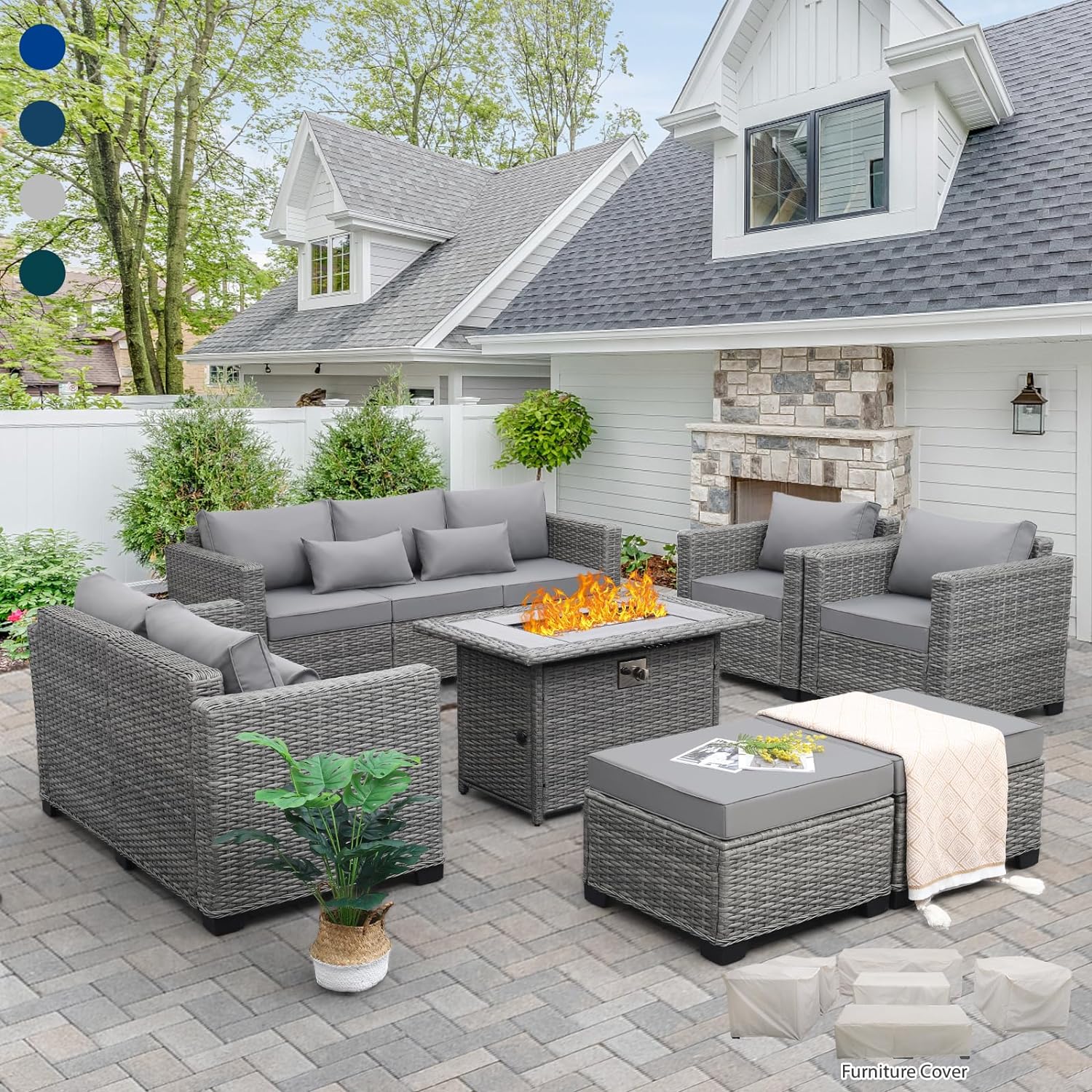 [Product name] in light grey rattan with metal frame, showing [specific view: full set/detail/angle], [cushion color] cushions, [material detail if applicable] — hero view 1