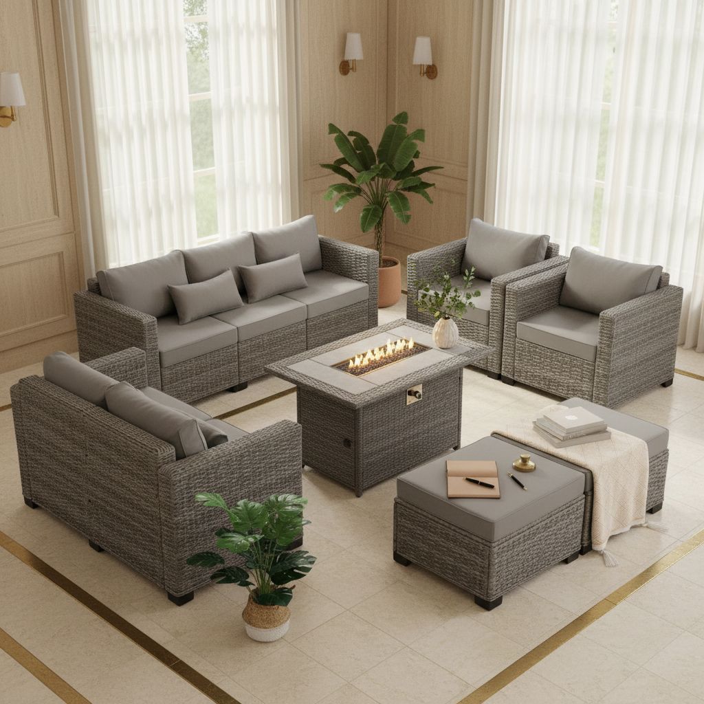 [Product name] in light grey rattan with metal frame, showing [specific view: full set/detail/angle], [cushion color] cushions, [material detail if applicable] — view 3a