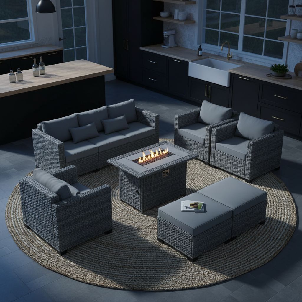 [Product name] in light grey rattan with metal frame, showing [specific view: full set/detail/angle], [cushion color] cushions, [material detail if applicable] — view 5a