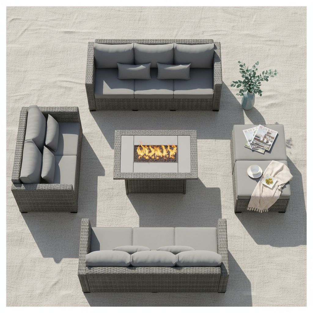 [Product name] in light grey rattan with metal frame, showing [specific view: full set/detail/angle], [cushion color] cushions, [material detail if applicable] — hero view 2