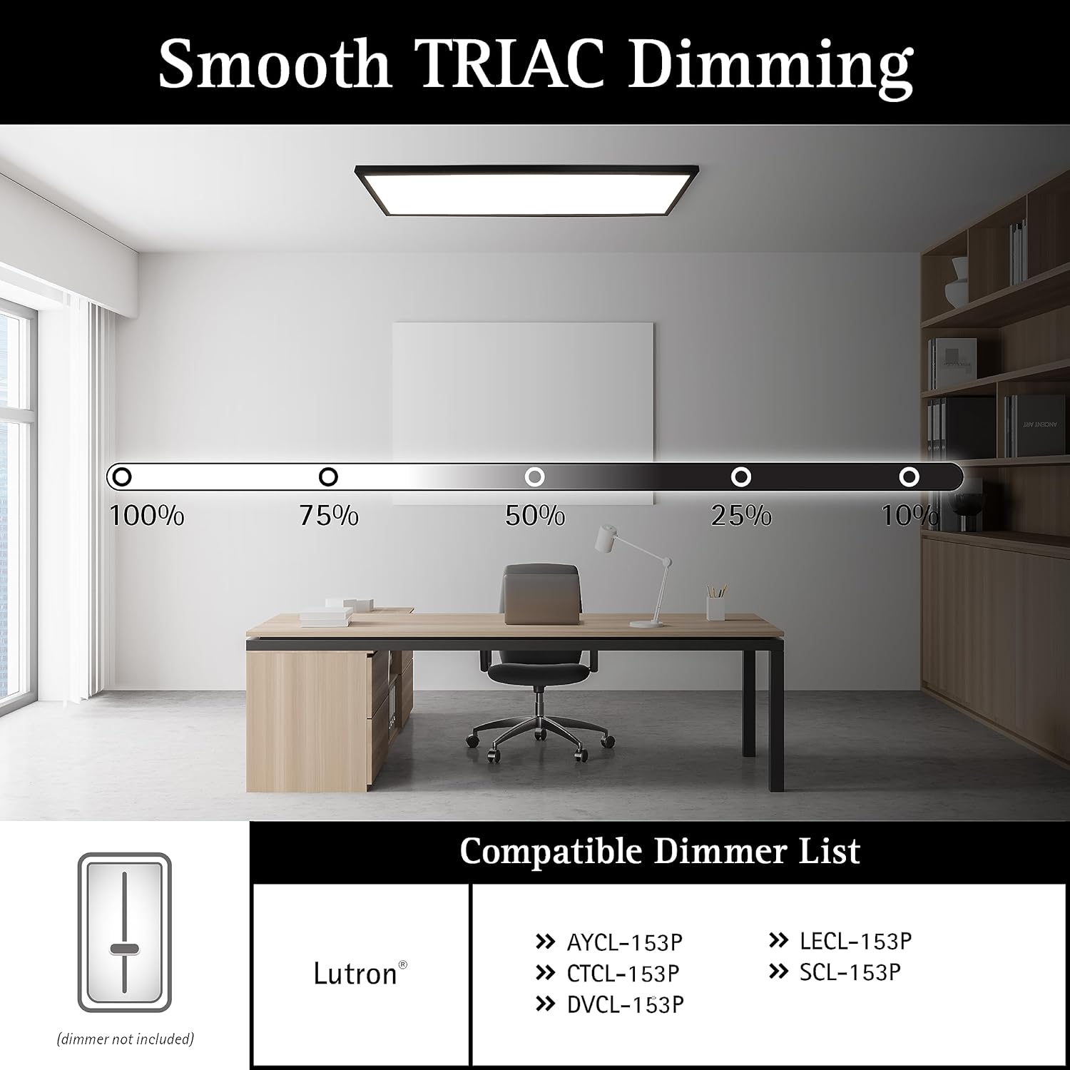 Matte black surface mount LED ceiling light panel with slim edge-lit design, aluminum frame shown in home office setting — detail