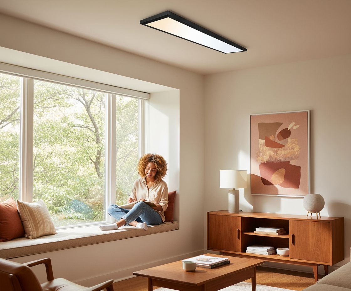 Matte black surface mount LED ceiling light panel with slim edge-lit design, aluminum frame shown in home office setting — view 3b