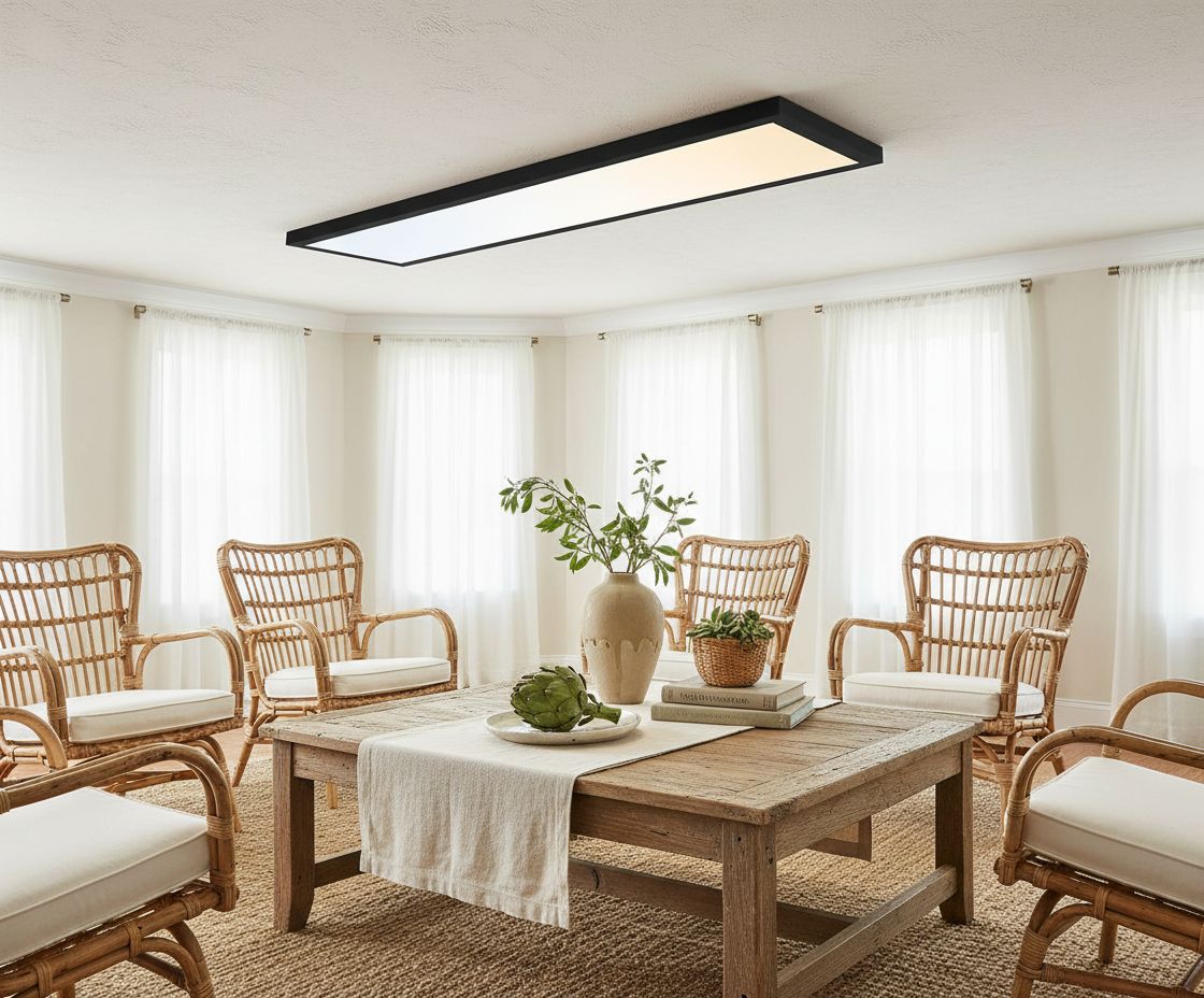 Matte black surface mount LED ceiling light panel with slim edge-lit design, aluminum frame shown in home office setting — view 3a