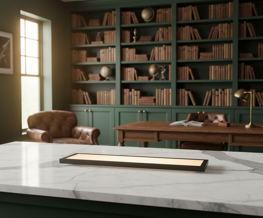 Matte black surface mount LED ceiling light panel with slim edge-lit design, aluminum frame shown in home office setting — view 5a