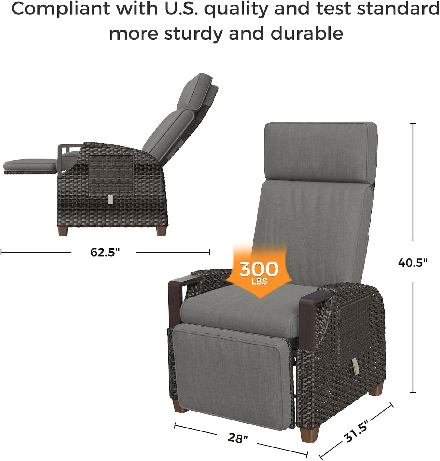Grey wicker outdoor recliner with Olefin cushion, adjustable back and footrest in [angle view], metal frame construction — side