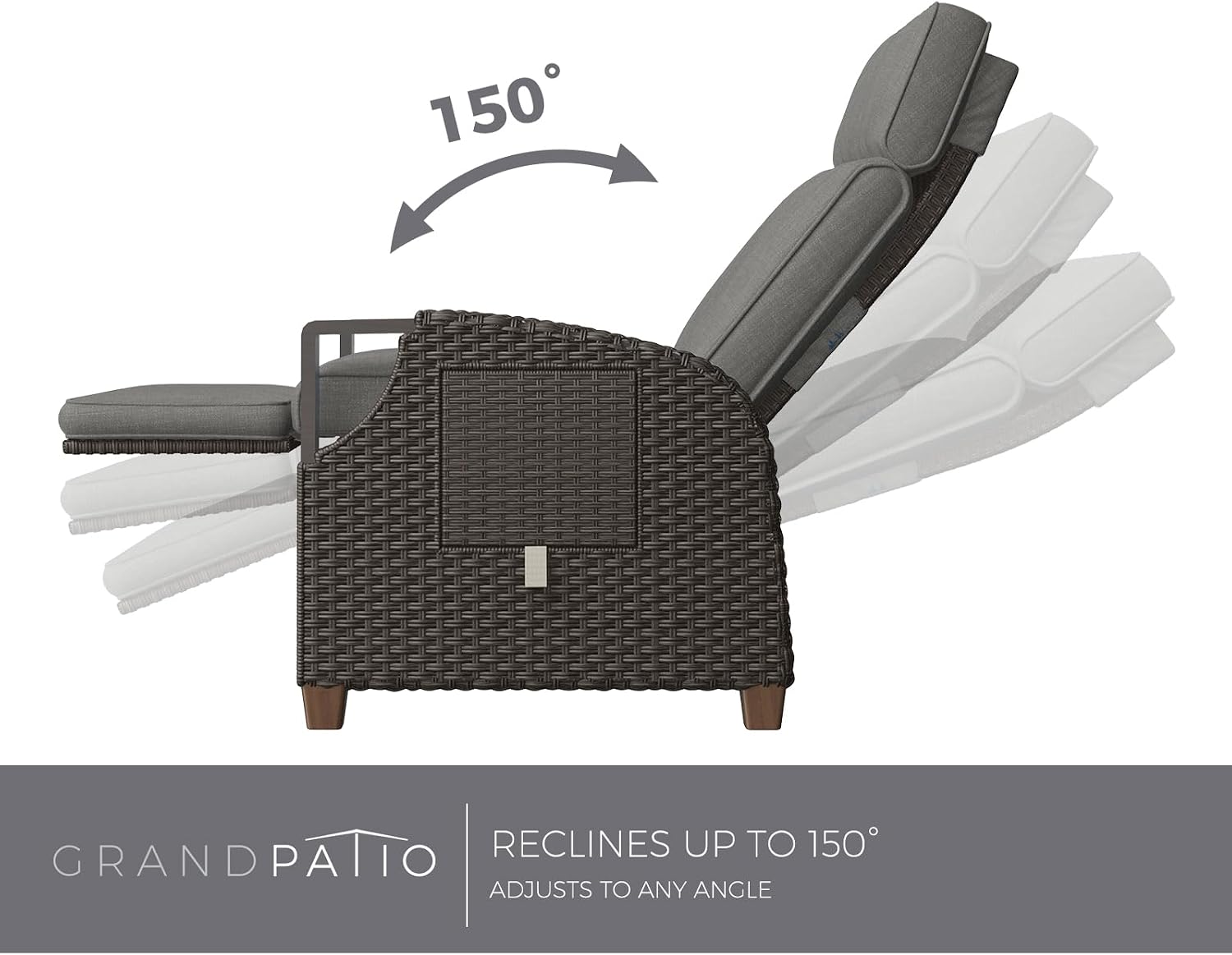 Grey wicker outdoor recliner with Olefin cushion, adjustable back and footrest in [angle view], metal frame construction — view 2