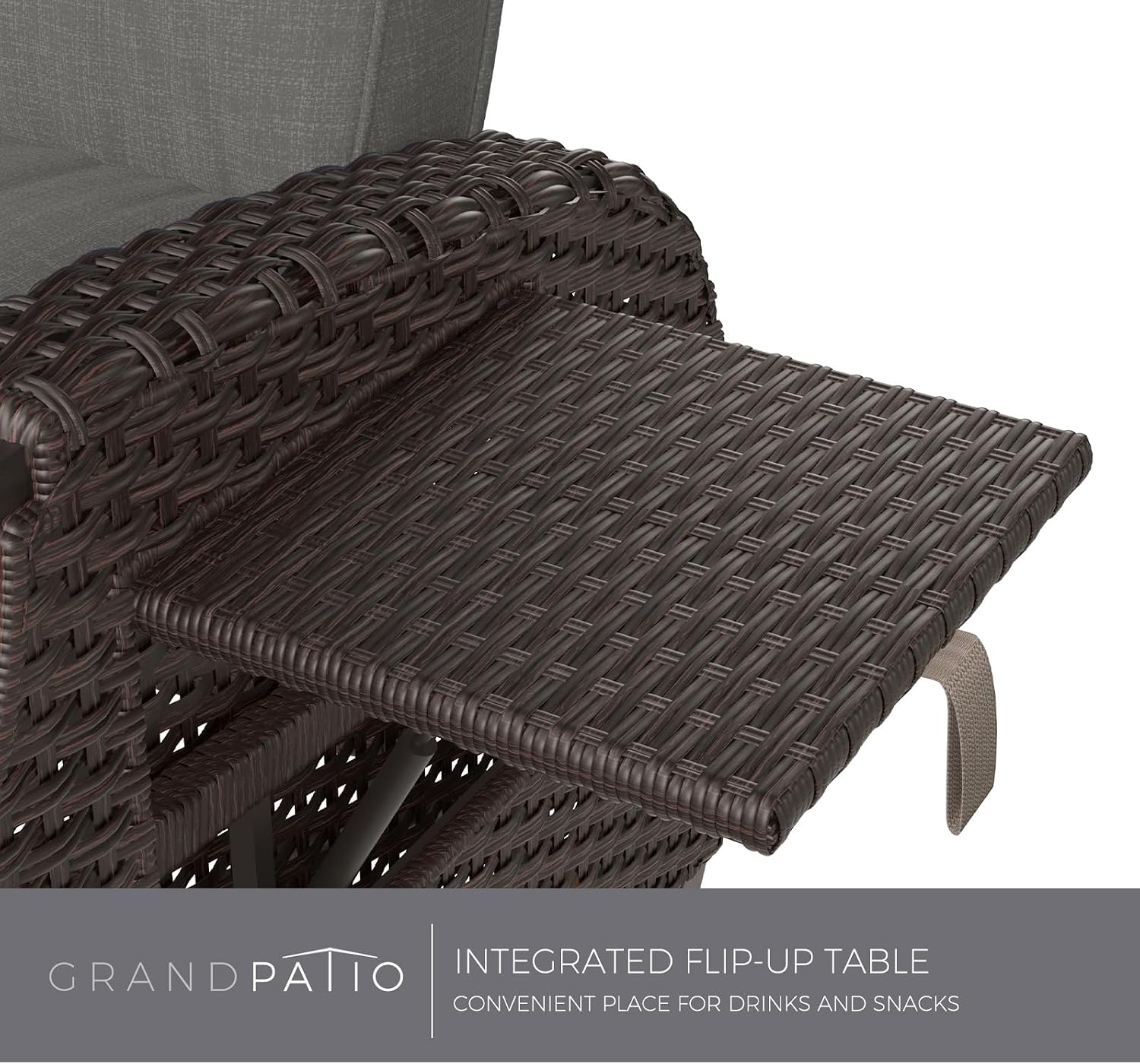 Grey wicker outdoor recliner with Olefin cushion, adjustable back and footrest in [angle view], metal frame construction — view 3