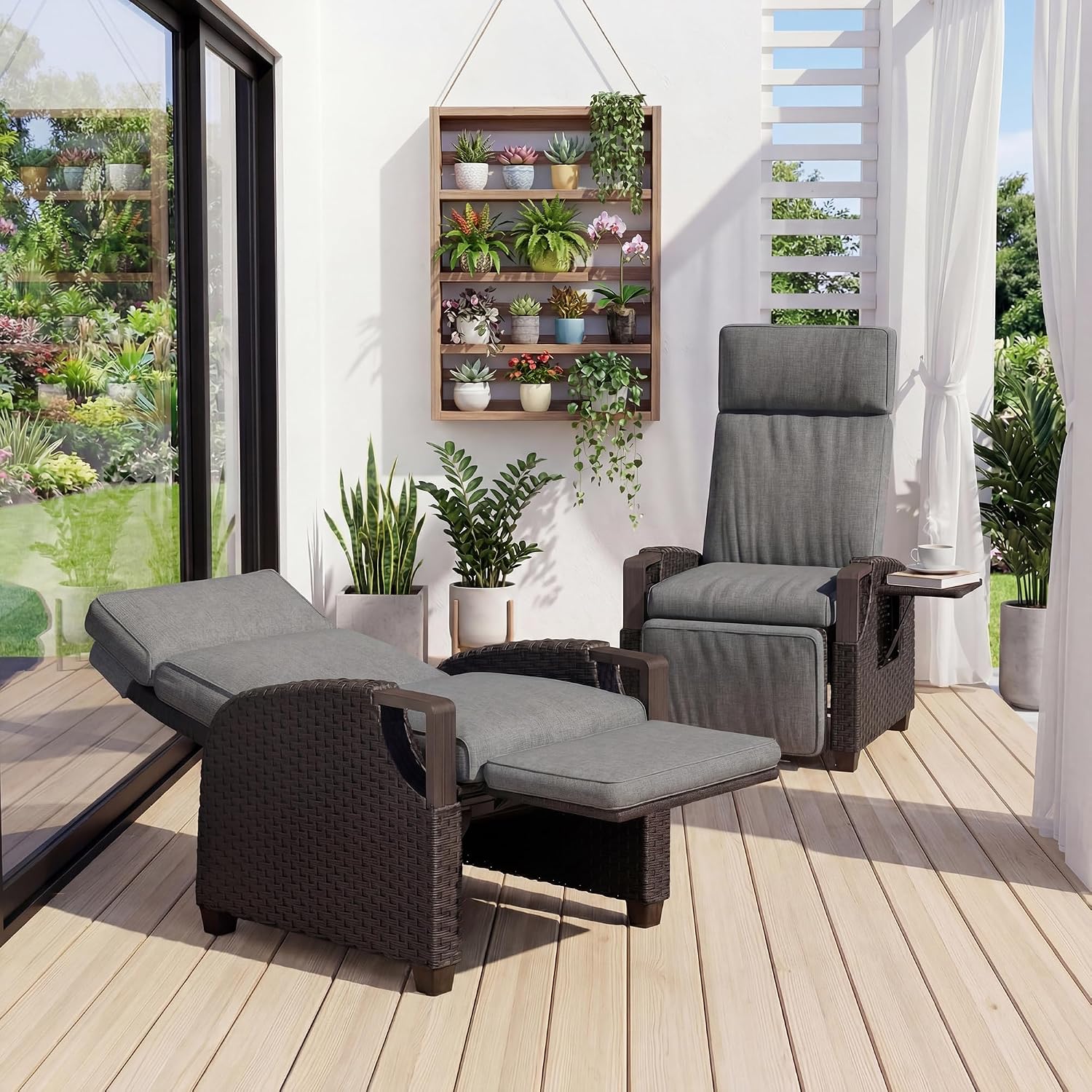 Grey wicker outdoor recliner with Olefin cushion, adjustable back and footrest in [angle view], metal frame construction — view 5