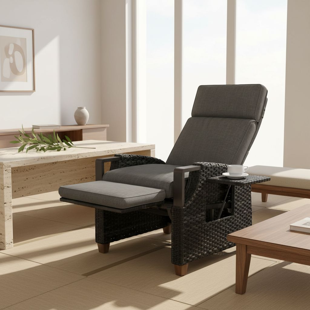 Grey wicker outdoor recliner with Olefin cushion, adjustable back and footrest in [angle view], metal frame construction — view 5b
