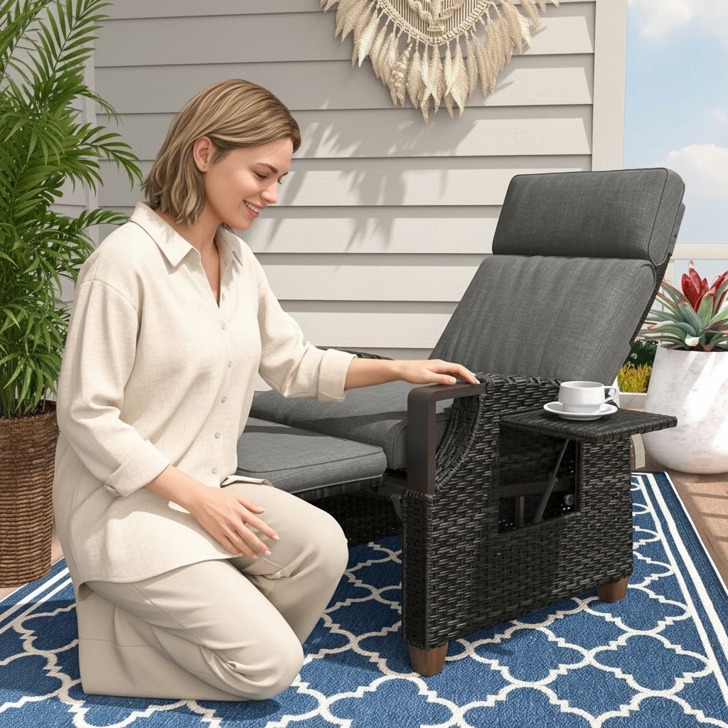 Grey wicker outdoor recliner with Olefin cushion, adjustable back and footrest in [angle view], metal frame construction — view 2