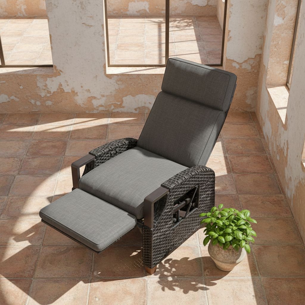 Grey wicker outdoor recliner with Olefin cushion, adjustable back and footrest in [angle view], metal frame construction — view 5a