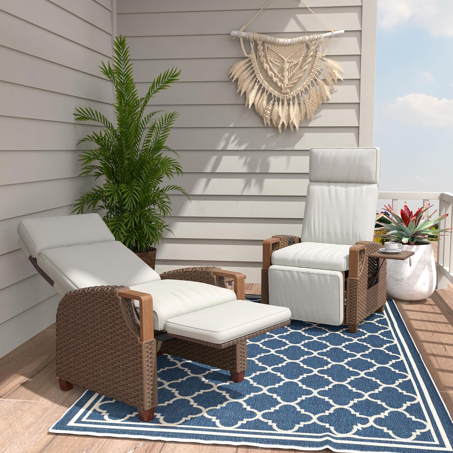 Grey wicker outdoor recliner with Olefin cushion, adjustable back and footrest in [angle view], metal frame construction — view 6