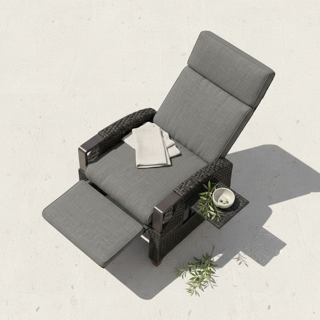 Grey wicker outdoor recliner with Olefin cushion, adjustable back and footrest in [angle view], metal frame construction — hero view 2