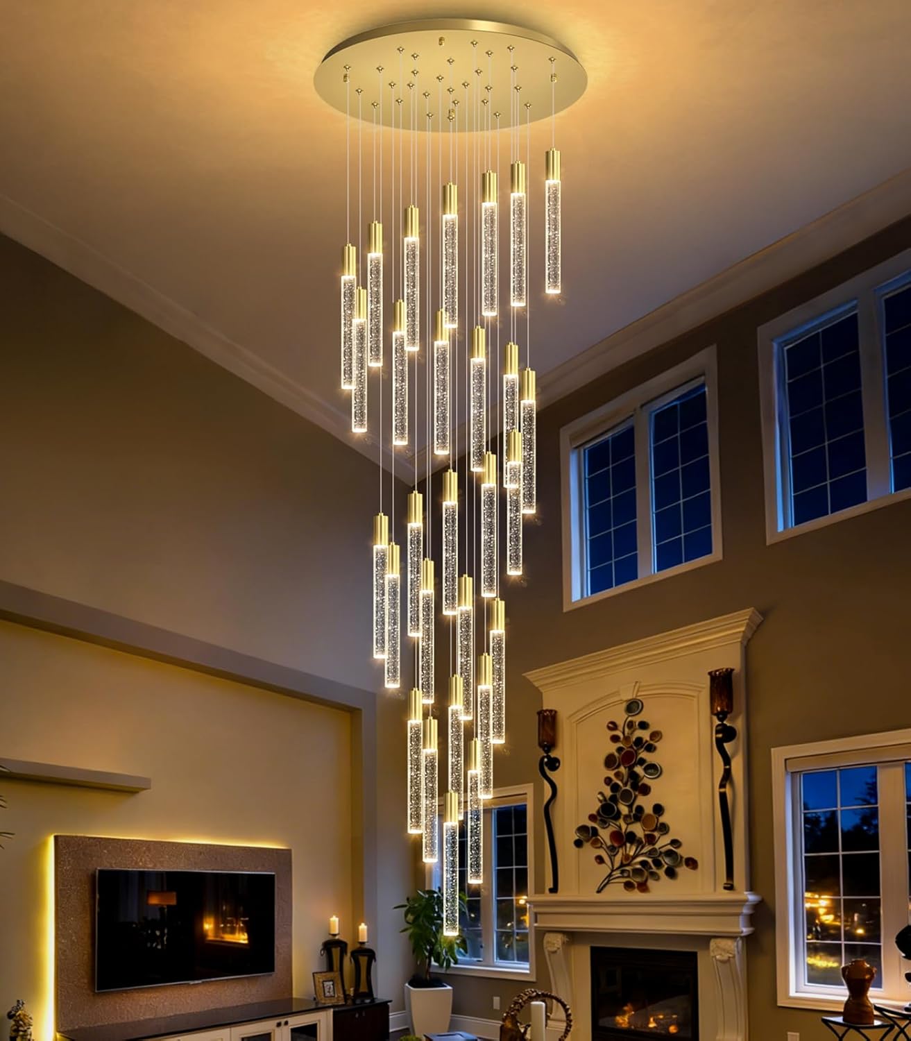 Modern brass gold crystal chandelier with 28 lights, dimmable remote control, suitable for high entryway ceilings — front