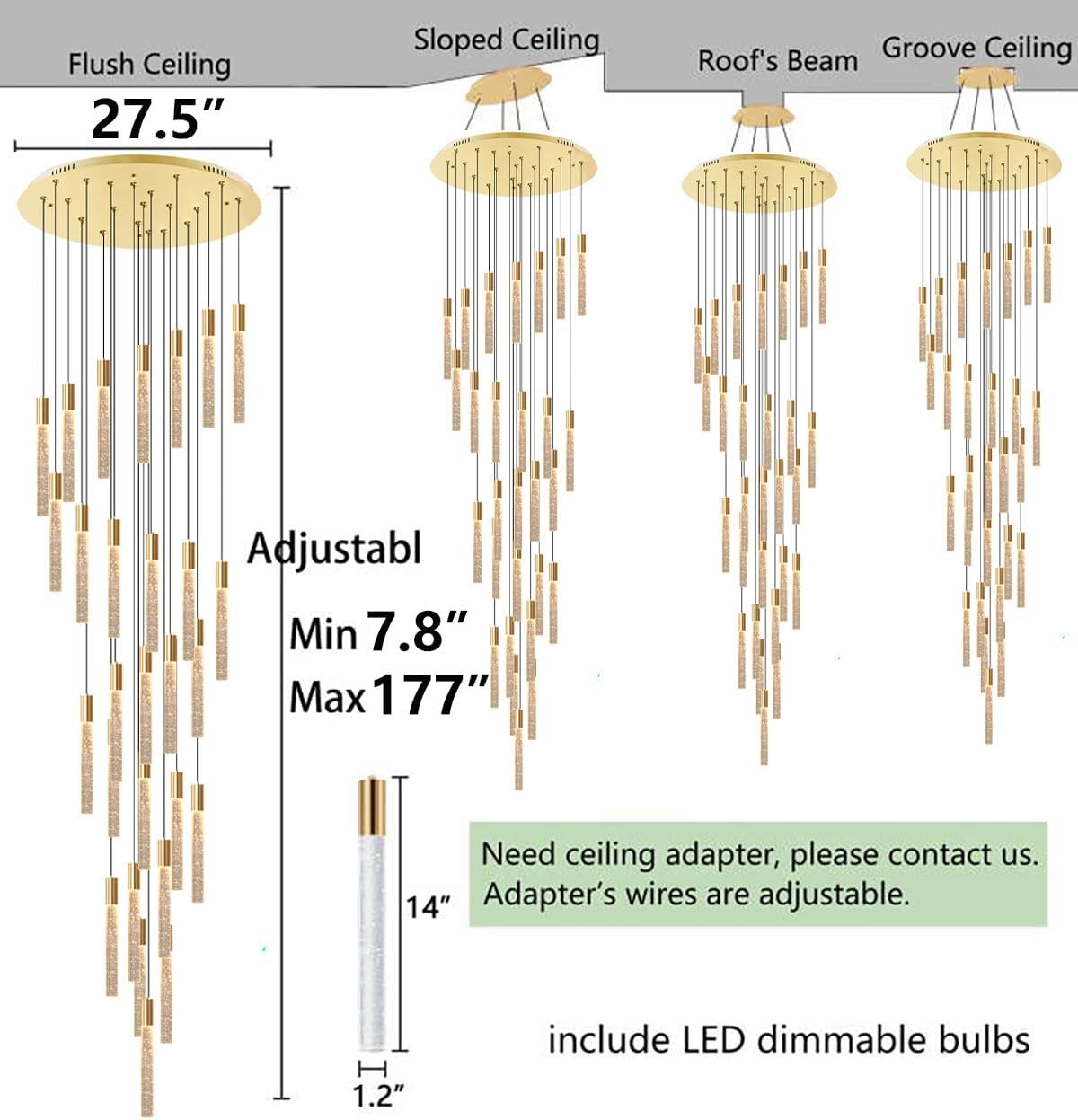 Modern brass gold crystal chandelier with 28 lights, dimmable remote control, suitable for high entryway ceilings — side