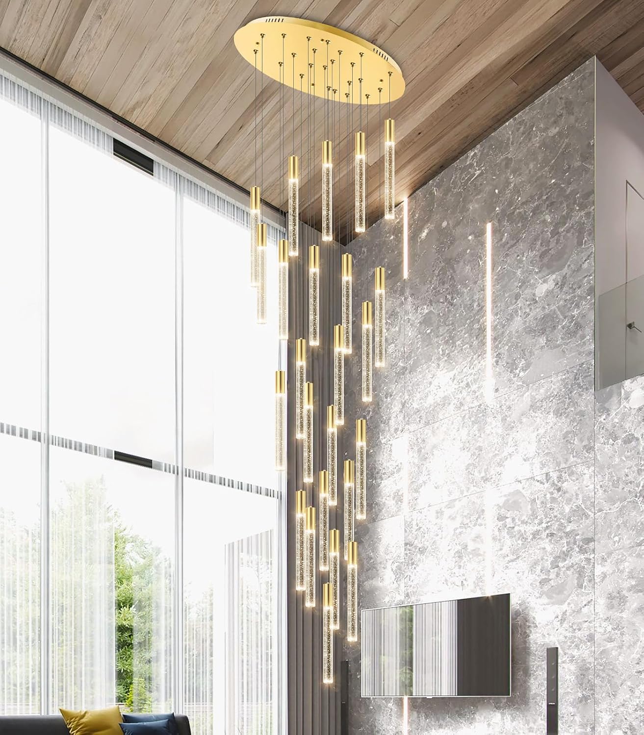 Modern brass gold crystal chandelier with 28 lights, dimmable remote control, suitable for high entryway ceilings — back