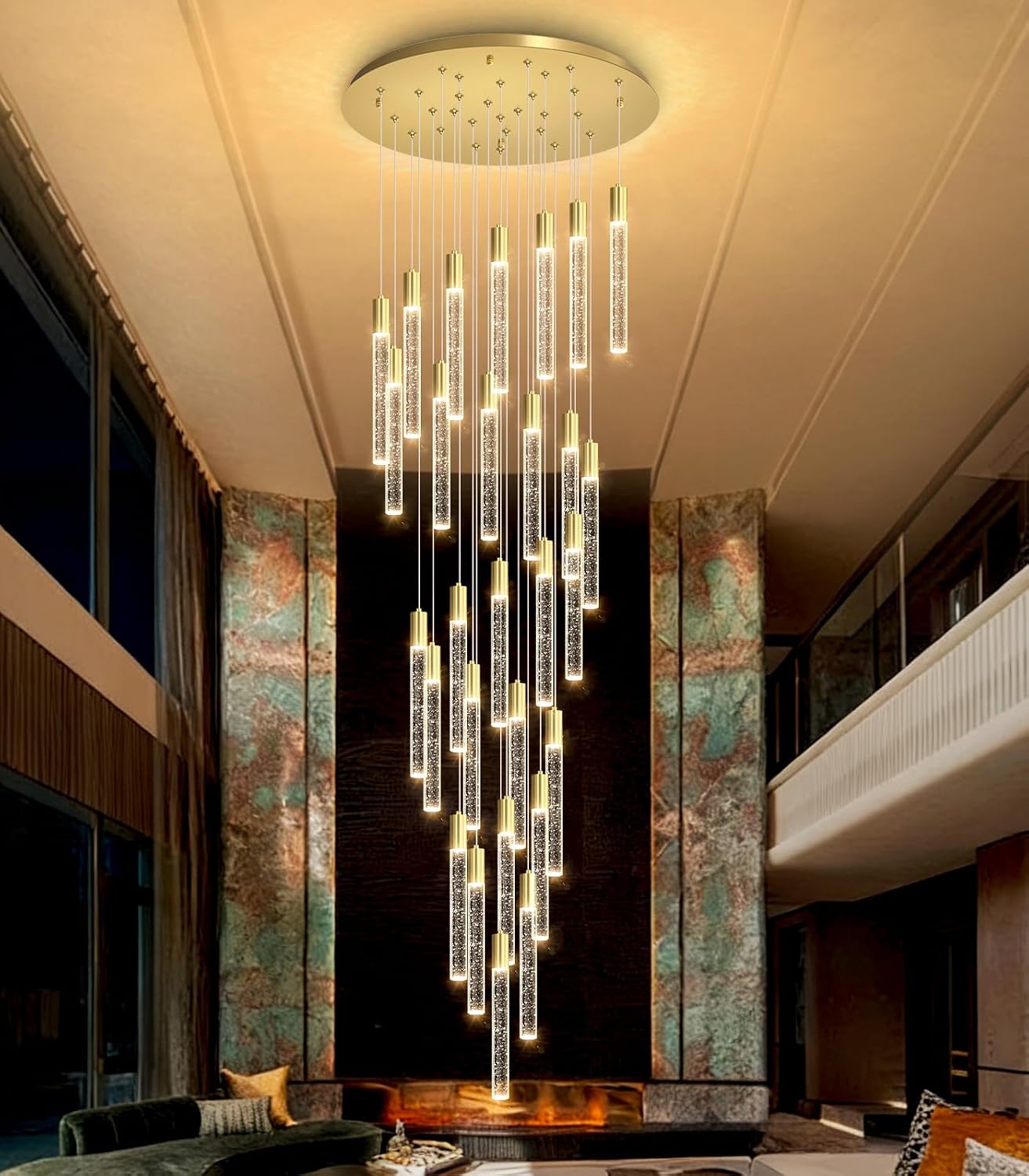 Modern brass gold crystal chandelier with 28 lights, dimmable remote control, suitable for high entryway ceilings — detail