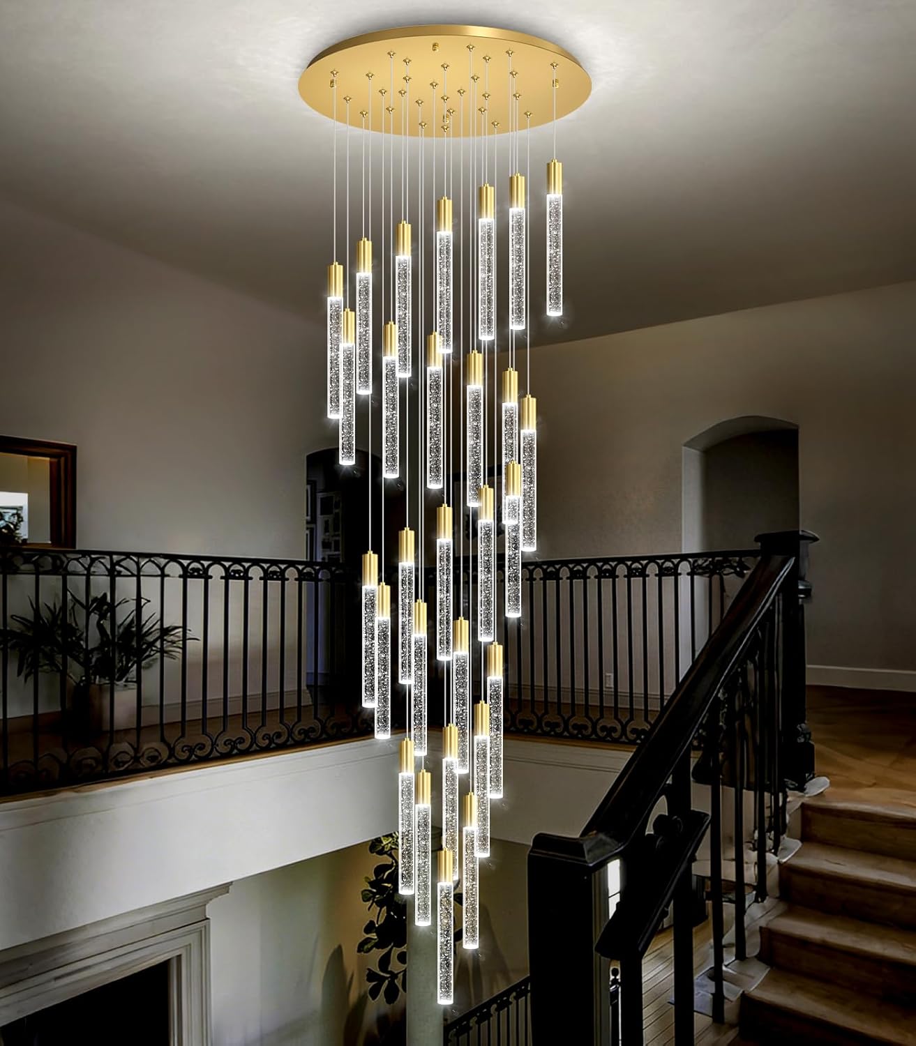 Modern brass gold crystal chandelier with 28 lights, dimmable remote control, suitable for high entryway ceilings — view 4