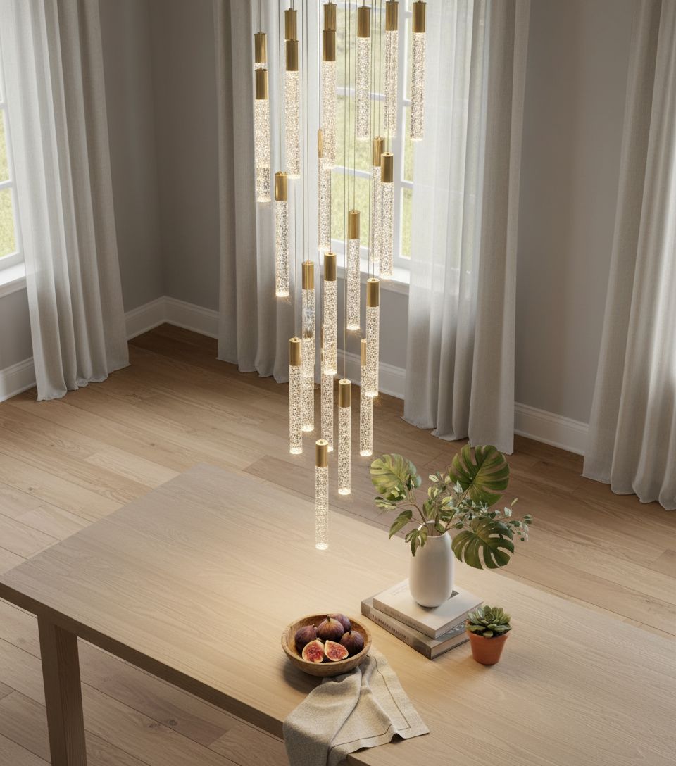 Modern brass gold crystal chandelier with 28 lights, dimmable remote control, suitable for high entryway ceilings — view 3a
