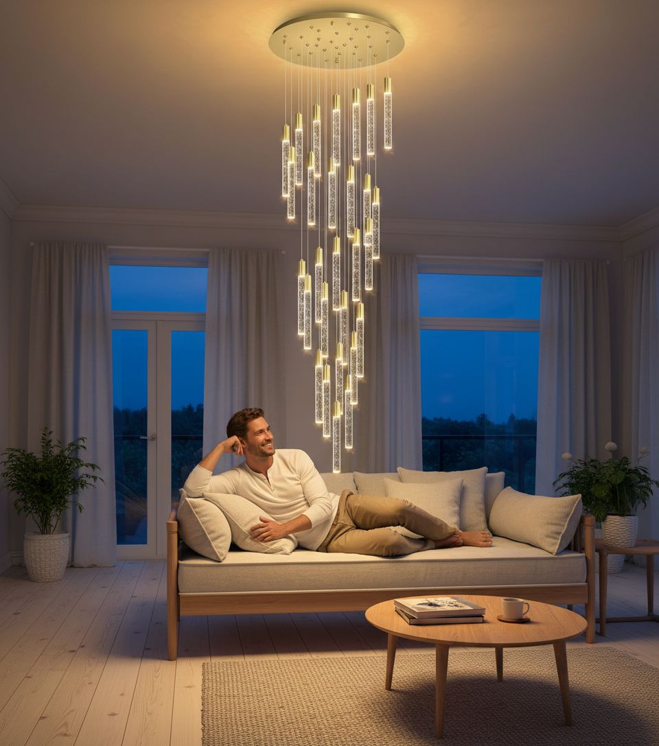 Modern brass gold crystal chandelier with 28 lights, dimmable remote control, suitable for high entryway ceilings — view 6