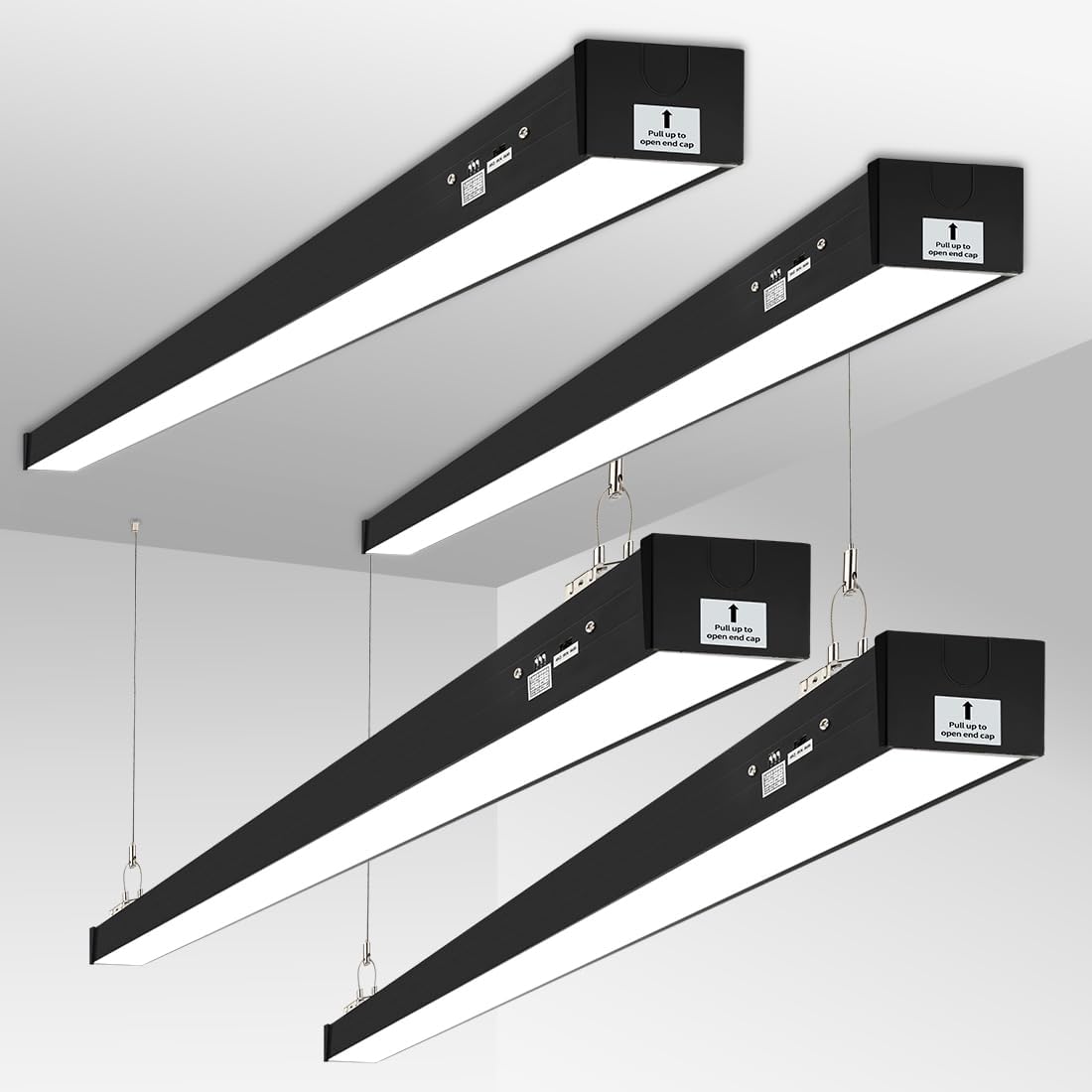 8-foot linear LED bay light with aluminum housing in cool white, overhead commercial-grade lighting fixture — front