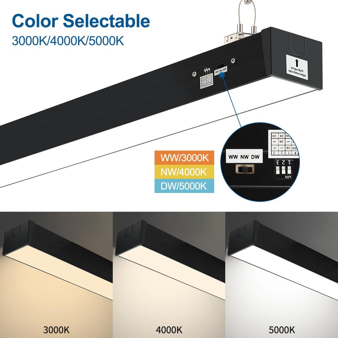 8-foot linear LED bay light with aluminum housing in cool white, overhead commercial-grade lighting fixture — side