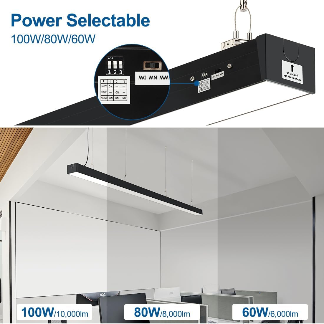 8-foot linear LED bay light with aluminum housing in cool white, overhead commercial-grade lighting fixture — back