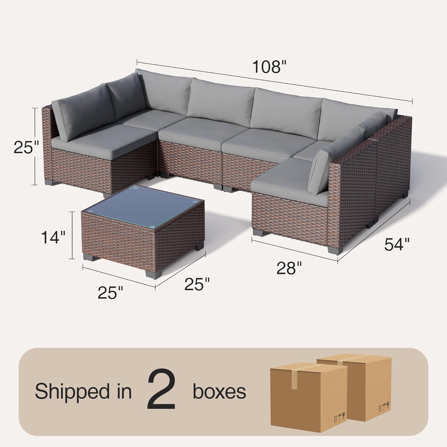 Grey PE rattan wicker sectional sofa set with cushions and glass-top coffee table — side