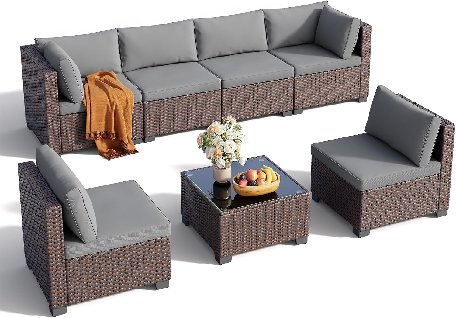 Grey PE rattan wicker sectional sofa set with cushions and glass-top coffee table — back