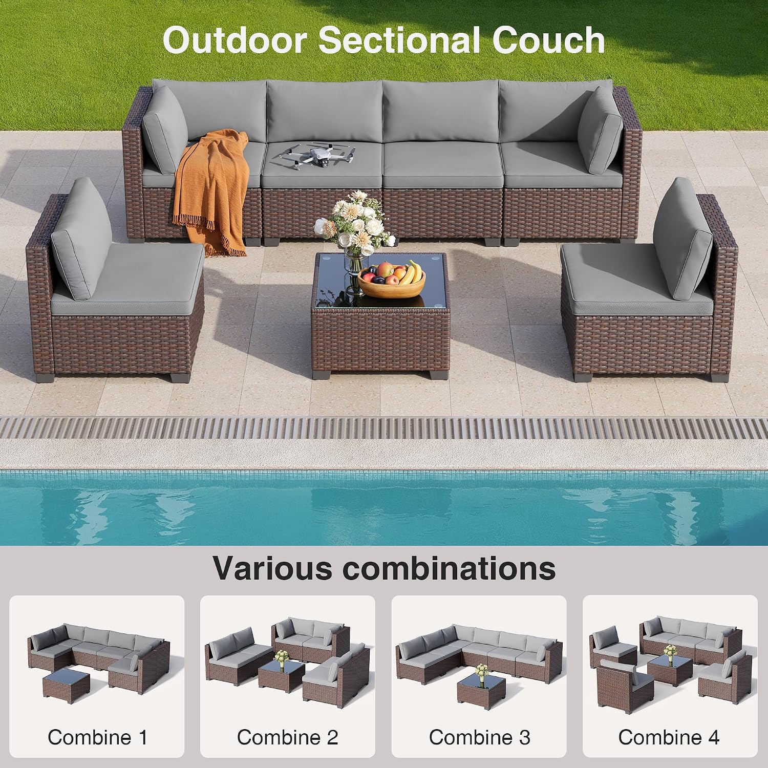 Grey PE rattan wicker sectional sofa set with cushions and glass-top coffee table — view 2