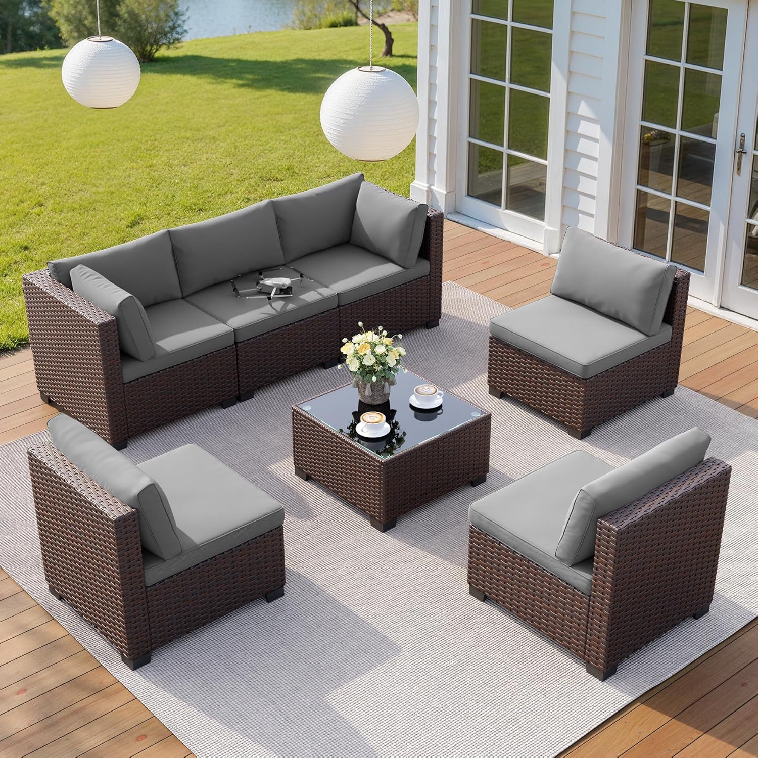 Grey PE rattan wicker sectional sofa set with cushions and glass-top coffee table — view 3