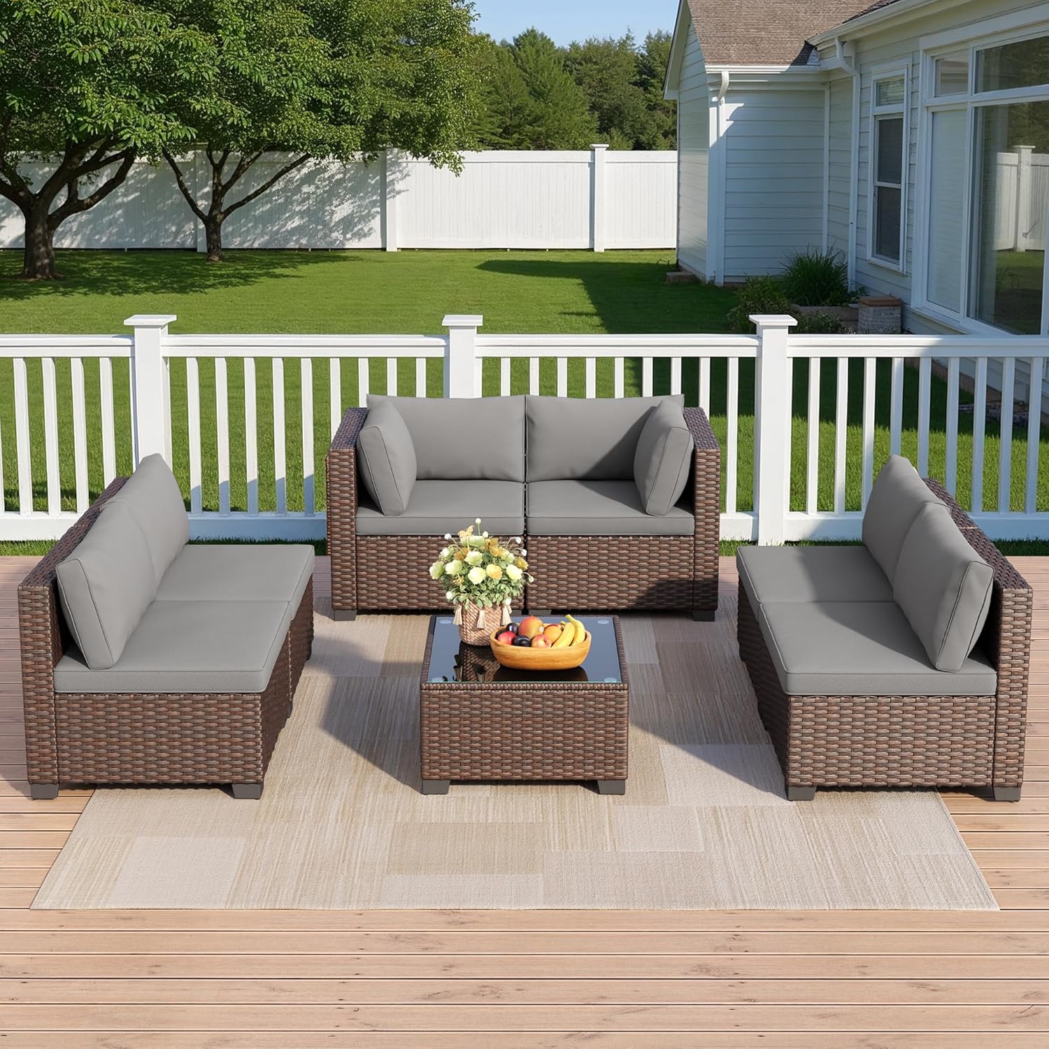 Grey PE rattan wicker sectional sofa set with cushions and glass-top coffee table — view 5