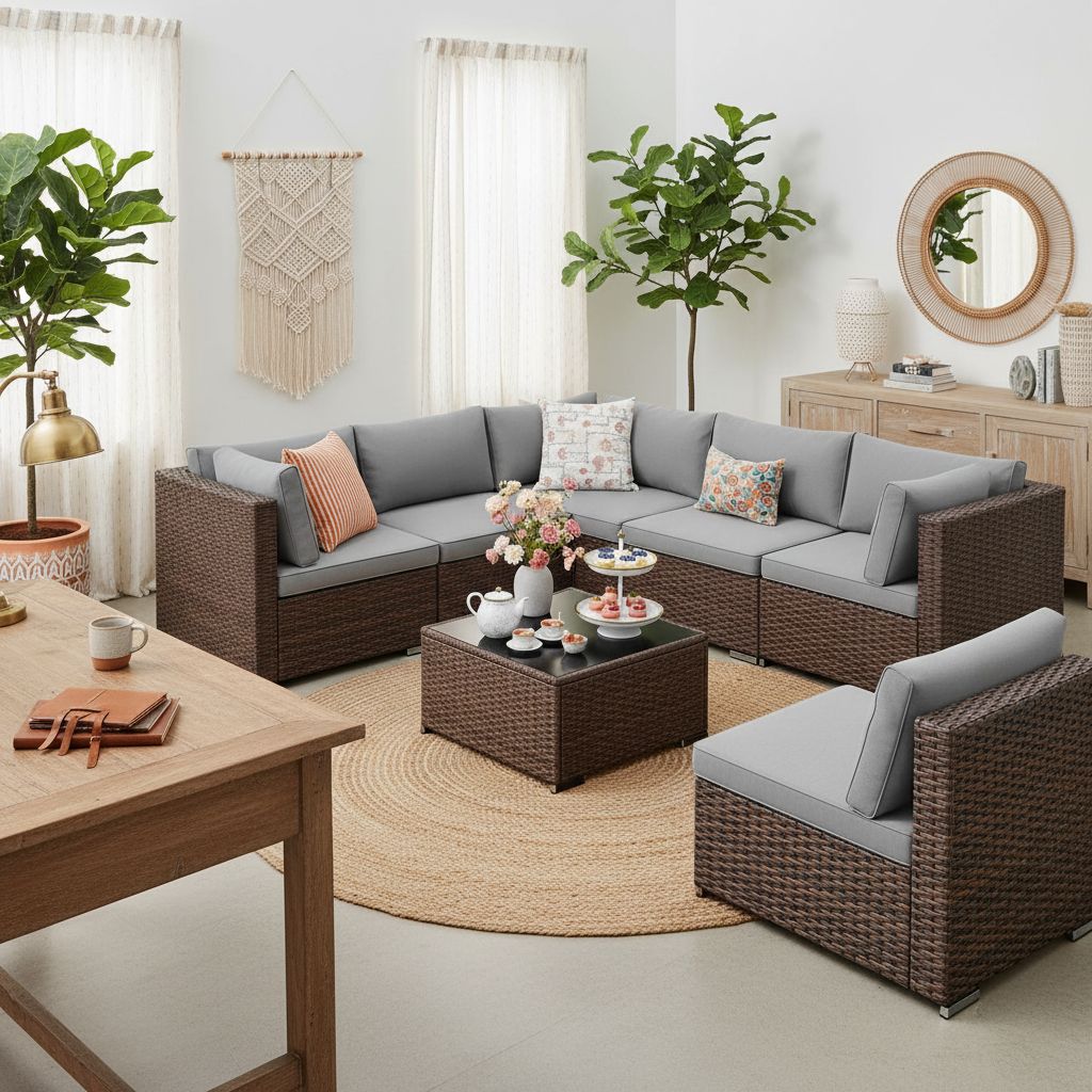 Grey PE rattan wicker sectional sofa set with cushions and glass-top coffee table — view 5b