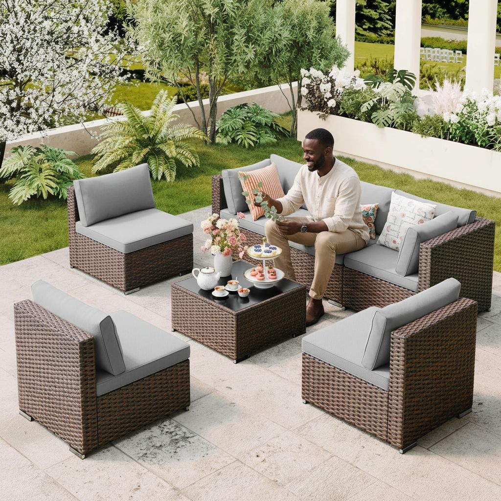 Grey PE rattan wicker sectional sofa set with cushions and glass-top coffee table — view 2