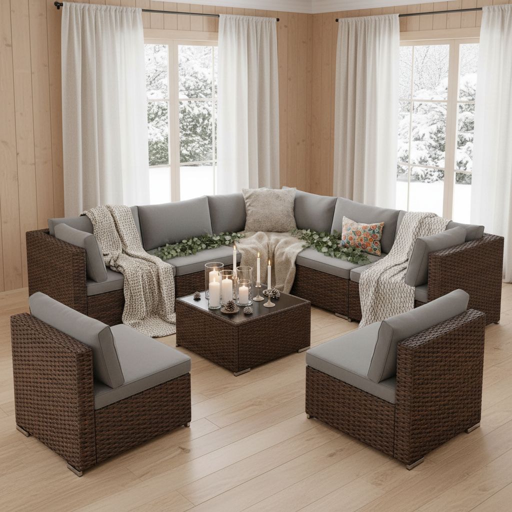 Grey PE rattan wicker sectional sofa set with cushions and glass-top coffee table — view 4