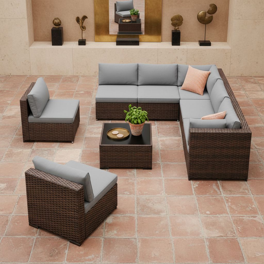Grey PE rattan wicker sectional sofa set with cushions and glass-top coffee table — view 5a