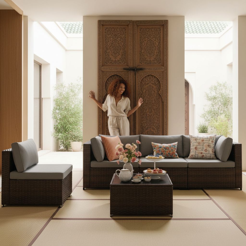 Grey PE rattan wicker sectional sofa set with cushions and glass-top coffee table — view 6