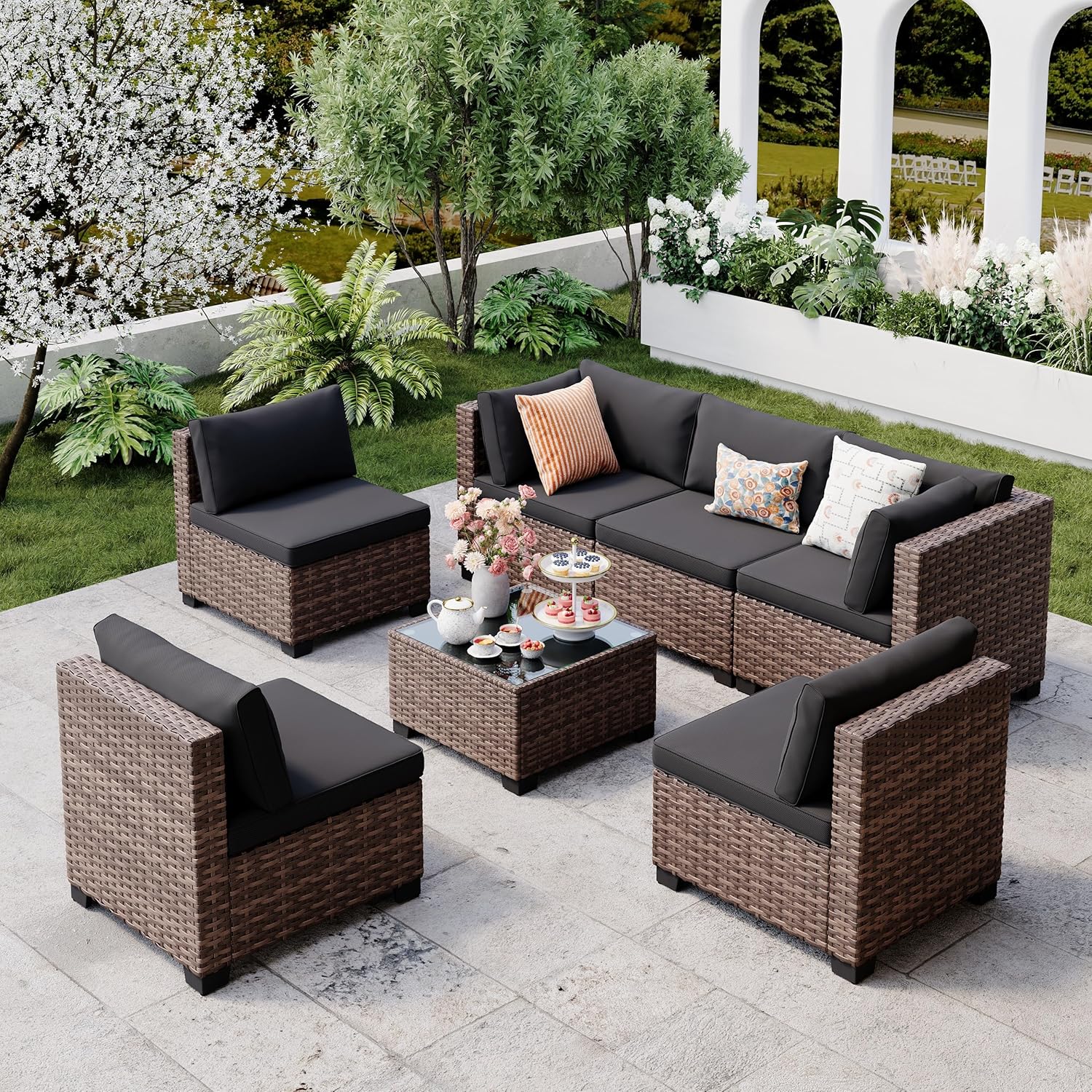 Grey PE rattan wicker sectional sofa set with cushions and glass-top coffee table — hero view 2
