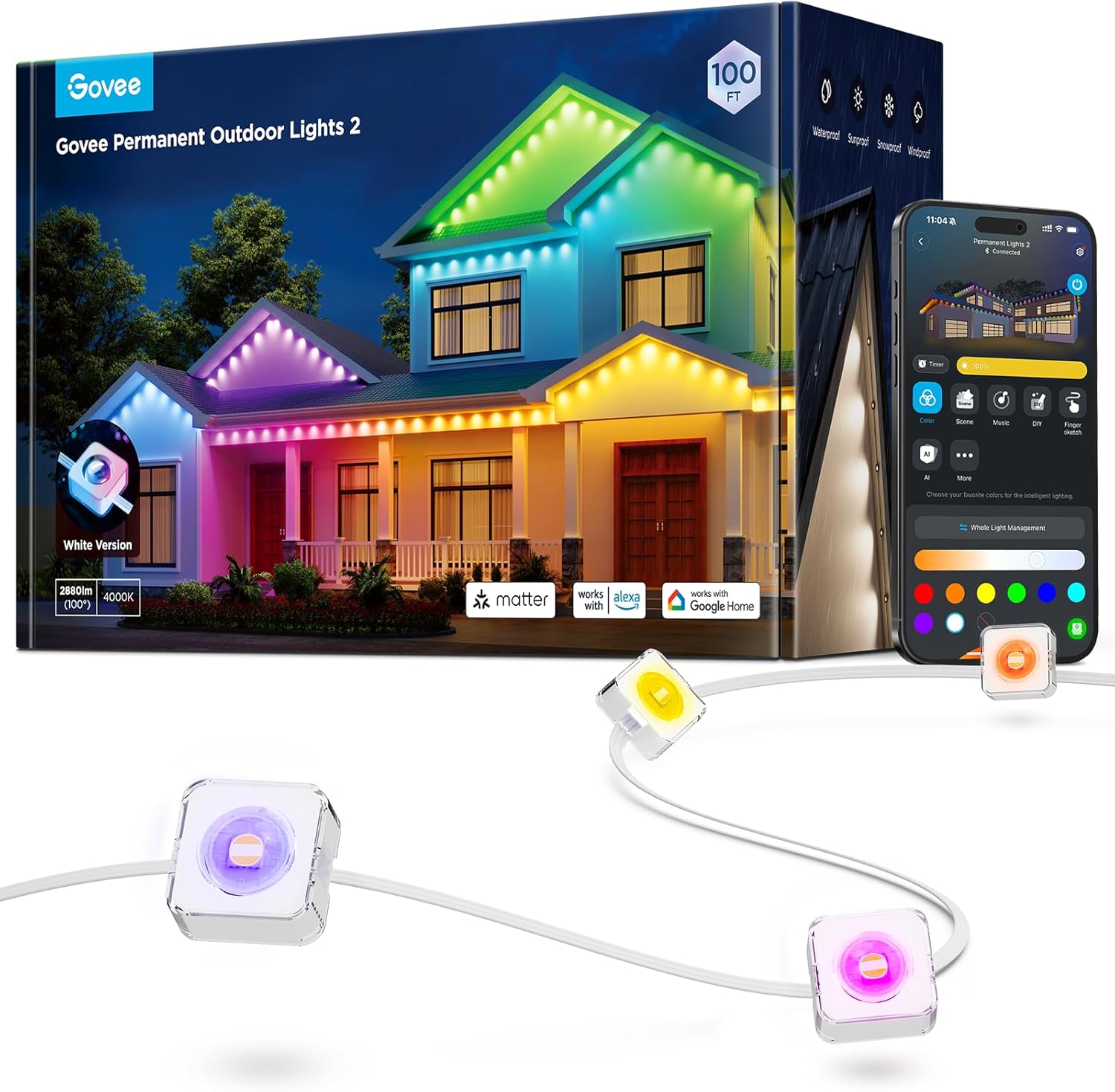 {color} RGBIC outdoor string lights, durable weather-resistant plastic and weatherproof wiring, {length} installation — front