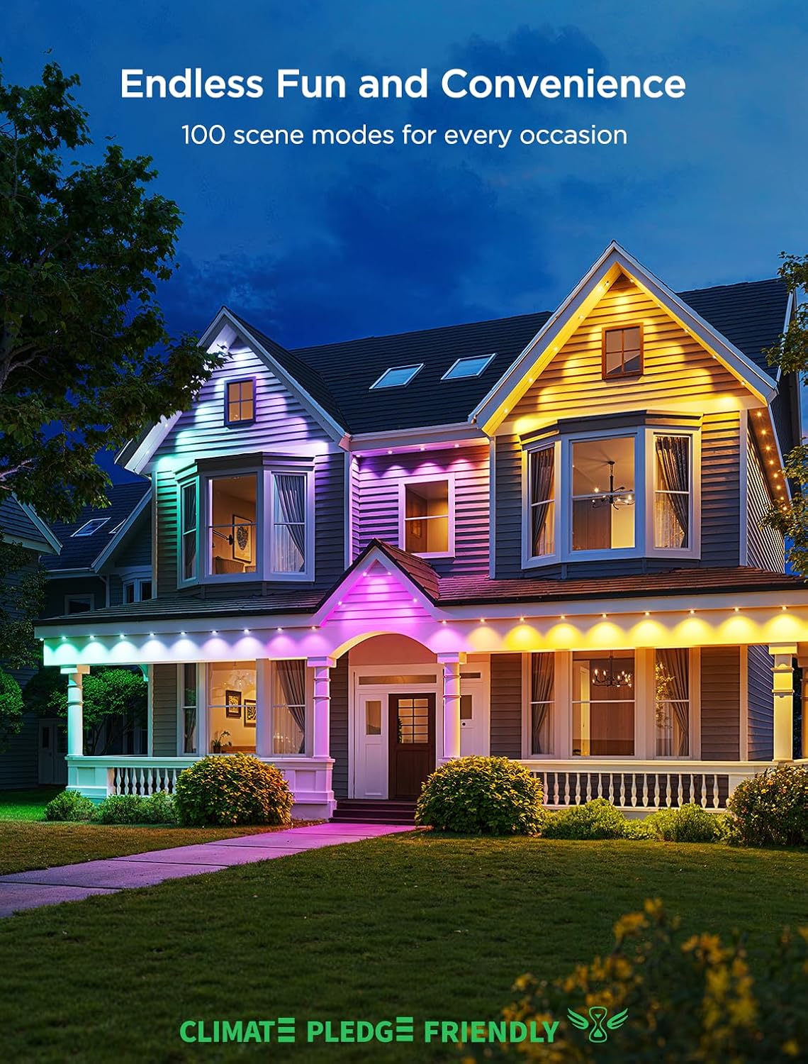 {color} RGBIC outdoor string lights, durable weather-resistant plastic and weatherproof wiring, {length} installation — side