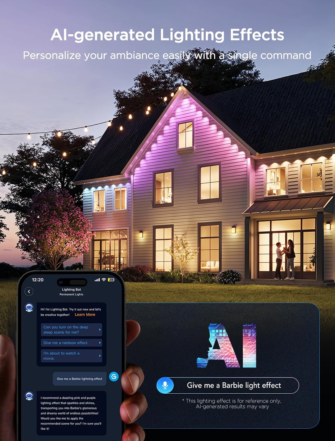 {color} RGBIC outdoor string lights, durable weather-resistant plastic and weatherproof wiring, {length} installation — back