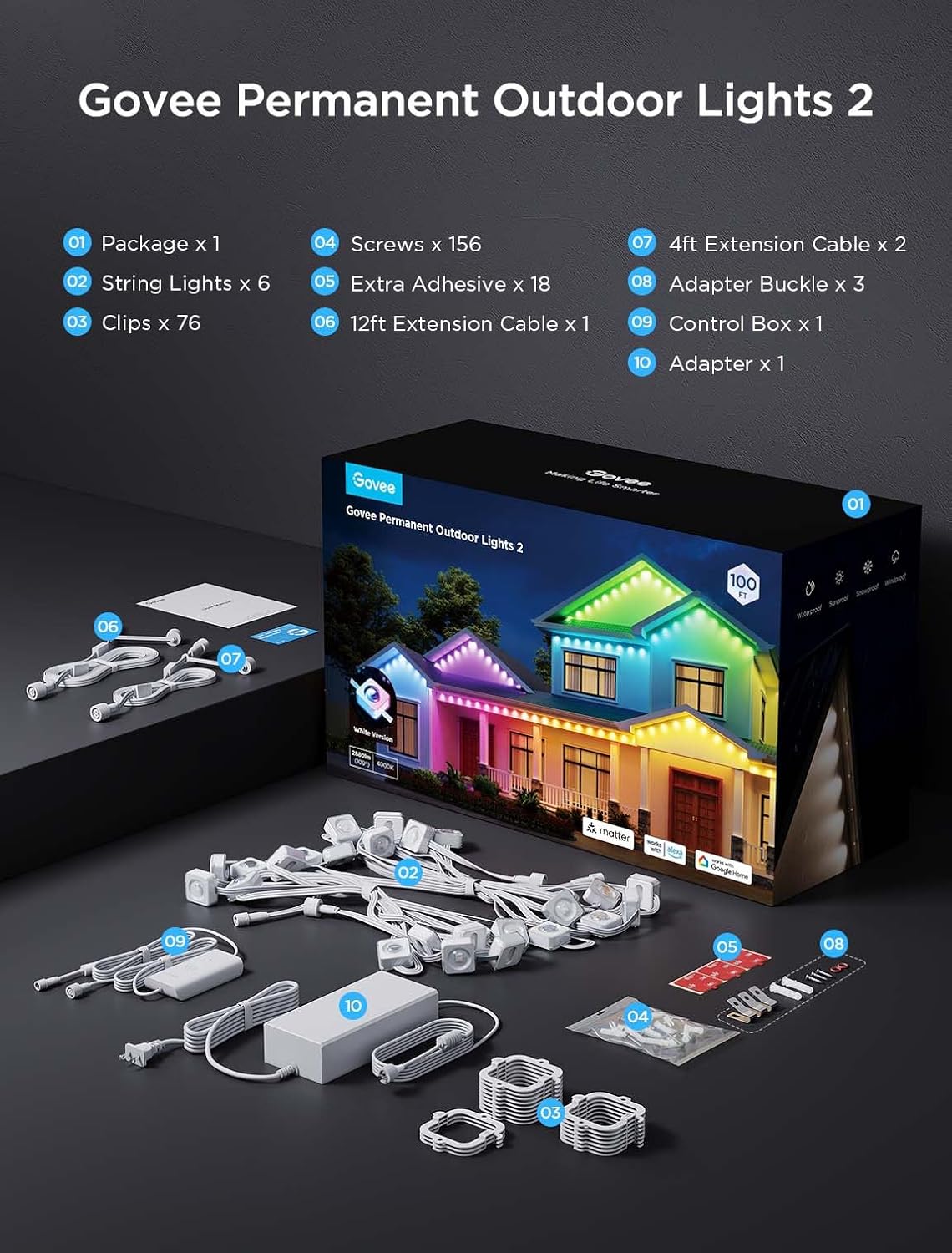 {color} RGBIC outdoor string lights, durable weather-resistant plastic and weatherproof wiring, {length} installation — view 4