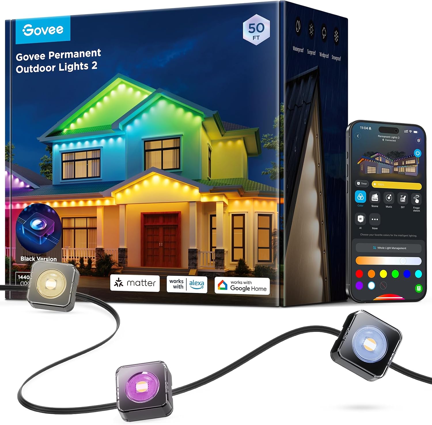 {color} RGBIC outdoor string lights, durable weather-resistant plastic and weatherproof wiring, {length} installation — view 5