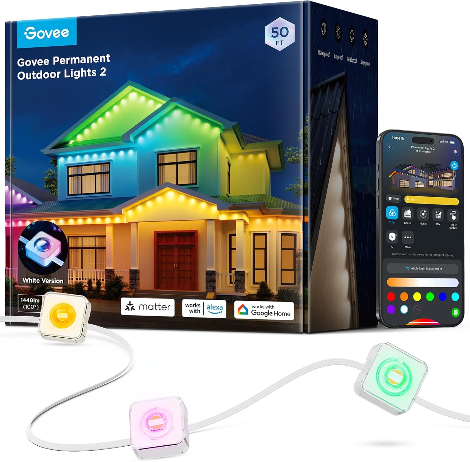 {color} RGBIC outdoor string lights, durable weather-resistant plastic and weatherproof wiring, {length} installation — view 7
