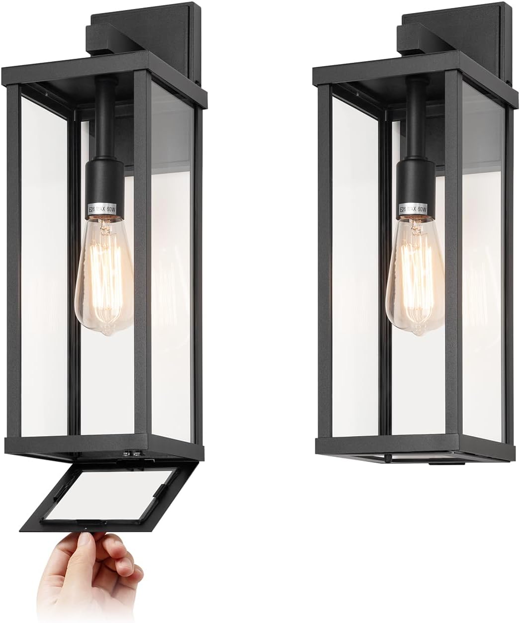 Matte black metal rectangular outdoor wall sconce with clear glass shade, shown mounted on porch exterior — front